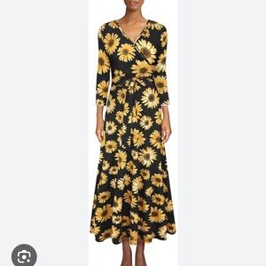 PRETTY SUNFLOWER Summer Faux Wrap V Neck 3/4 Sleeves Maxi Dress - No Belt XL